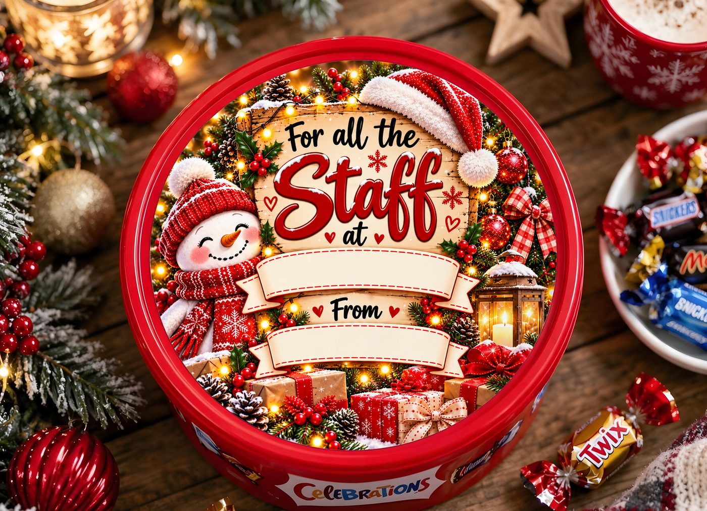 A personalised Christmas chocolate tub sticker on a Celebrations tub